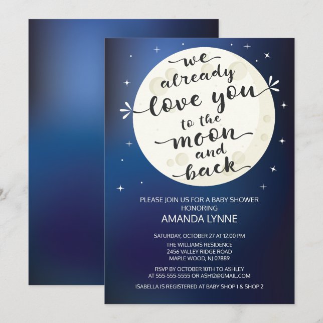 Invitation de Baby shower mignon Love Moon & Back (Devant / Derrière)