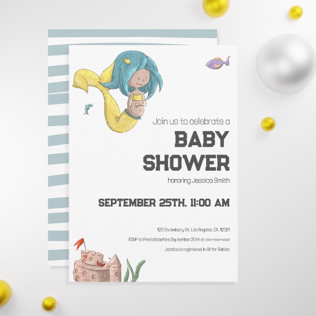 Invitation de Baby shower mignonne de sirène (Unique mermaid baby shower invitation with a pregnant mermaid swimming among fish)