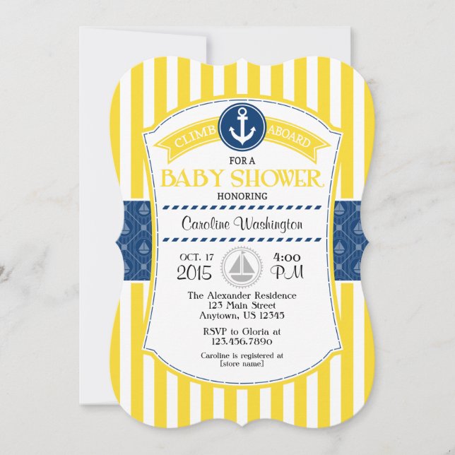Invitation de Baby shower nautique bleu jaune (Devant)