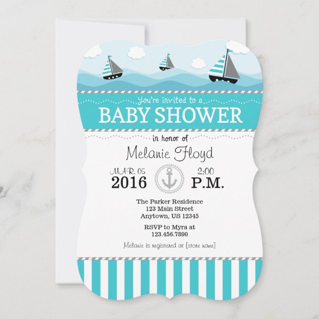 Invitation de Baby shower nautique bleu turquoise (Devant)