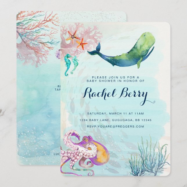 Invitation de Baby shower nautique de baleine (Devant / Derrière)