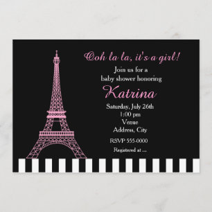 Invitation de Baby Shower Noir Tour Eiffel Rose Pa