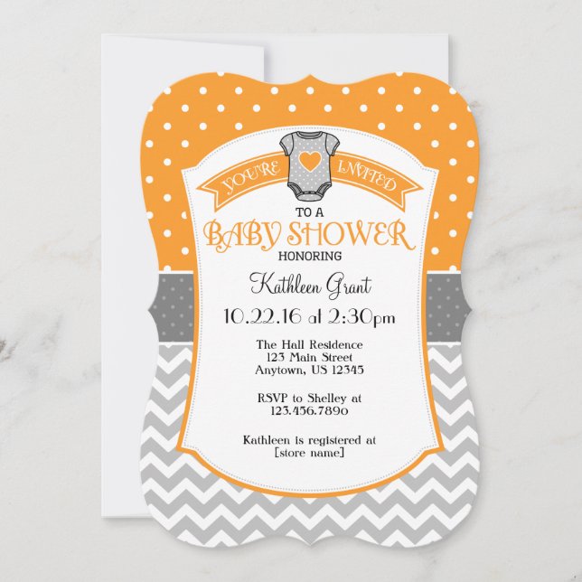 Invitation de Baby shower Orange Grey Polka Dot Ch (Devant)