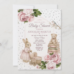 Invitation de Baby Shower Ourson Lapin Floral Rose