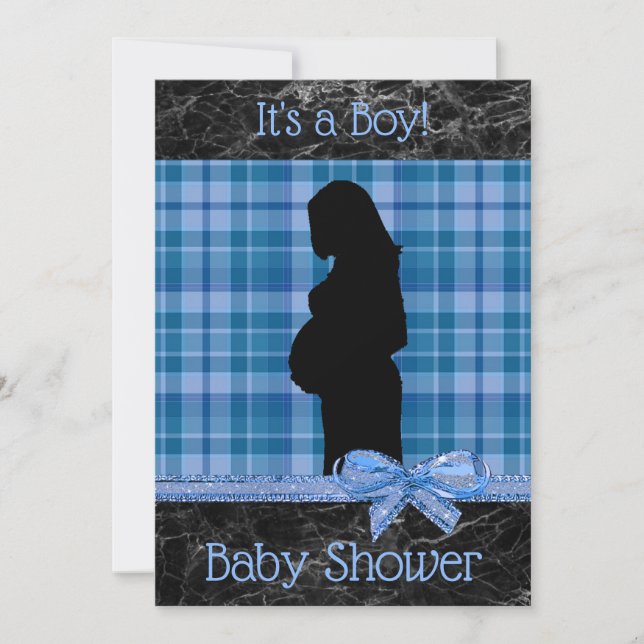 Invitation de Baby shower Plaid bleu et noir (Devant)