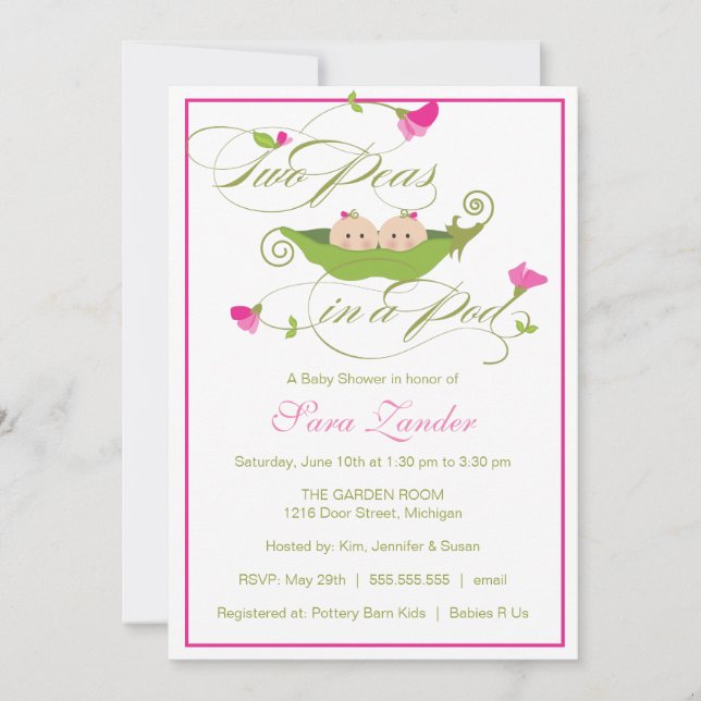 Invitation de baby shower - pois jumeau de filles (Devant)