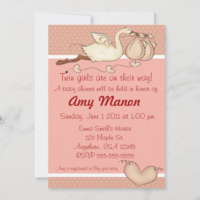 invitation de baby shower pour filles jumelles (Devant)