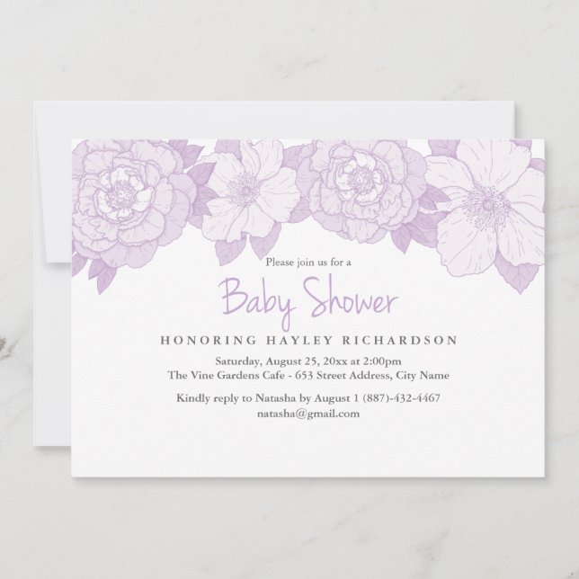 Invitation de Baby shower pourpre en fleurs (Devant)