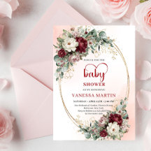 Invitation de baby shower Pretty Maroon Floral Gol
