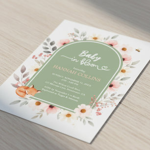 Invitation de Baby Shower Renard Floral Vert Sauge