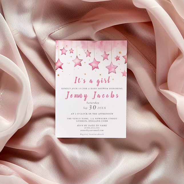 Invitation de baby shower rêveuse aux étoiles rose (Pink star baby shower invitation with watercolor stars and elegant script for a girl.)
