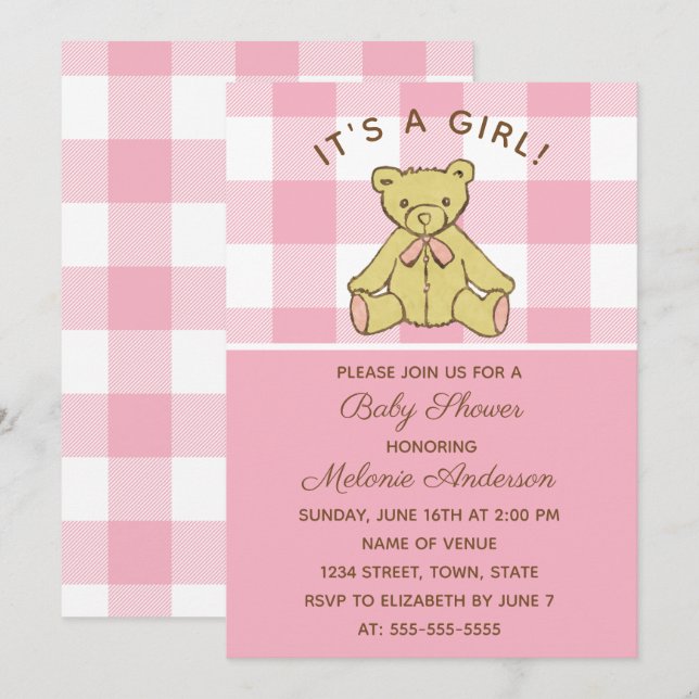 Invitation de Baby shower rose de l'ours (Devant / Derrière)