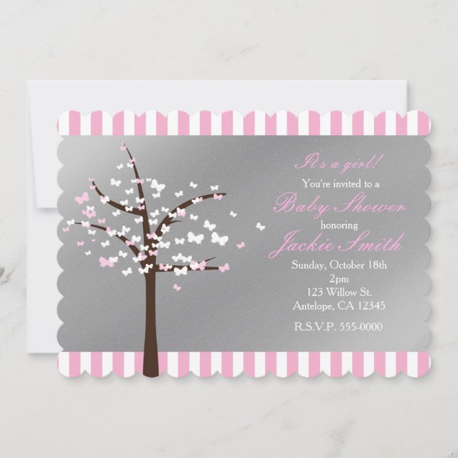 Invitation de Baby shower rose et gris papillon (Devant)