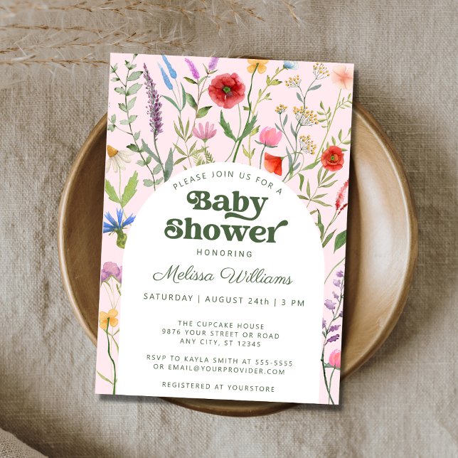 Invitation de Baby shower rose Fleur sauvage Aquar (Créateur téléchargé)
