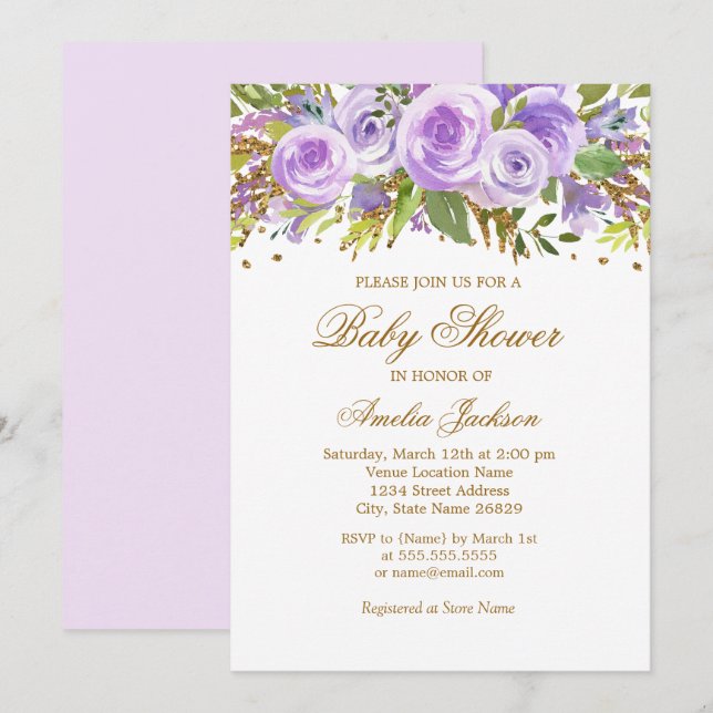 Invitation de Baby shower Rose Floral d'or violet (Devant / Derrière)