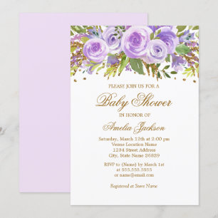 Invitation de Baby shower Rose Floral d'or violet