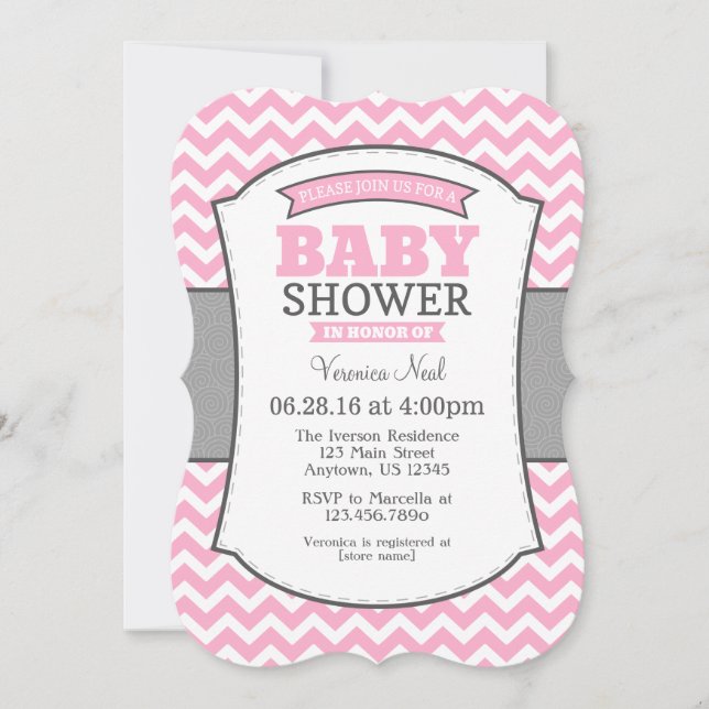 Invitation de Baby shower rose Grey Chevron (Devant)