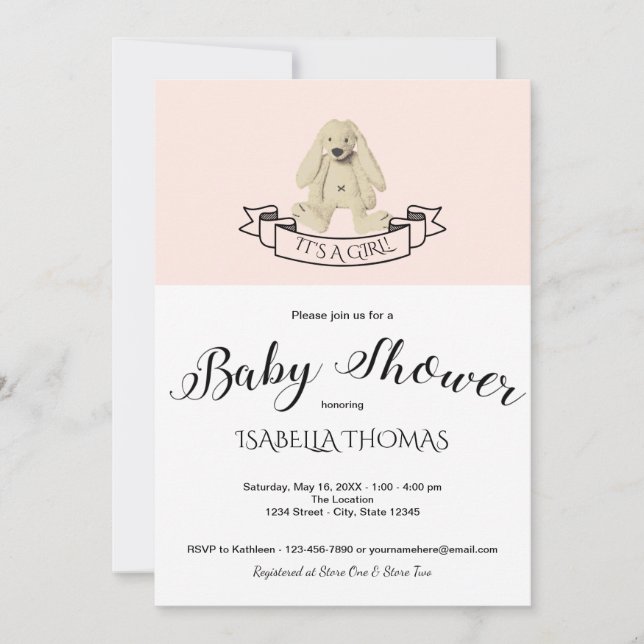 Invitation de Baby shower rose lapin mignon (Devant)