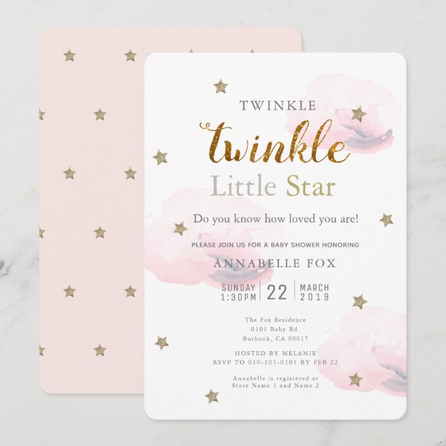 Invitation de Baby shower rose Little Star Twinkle (Devant / Derrière)
