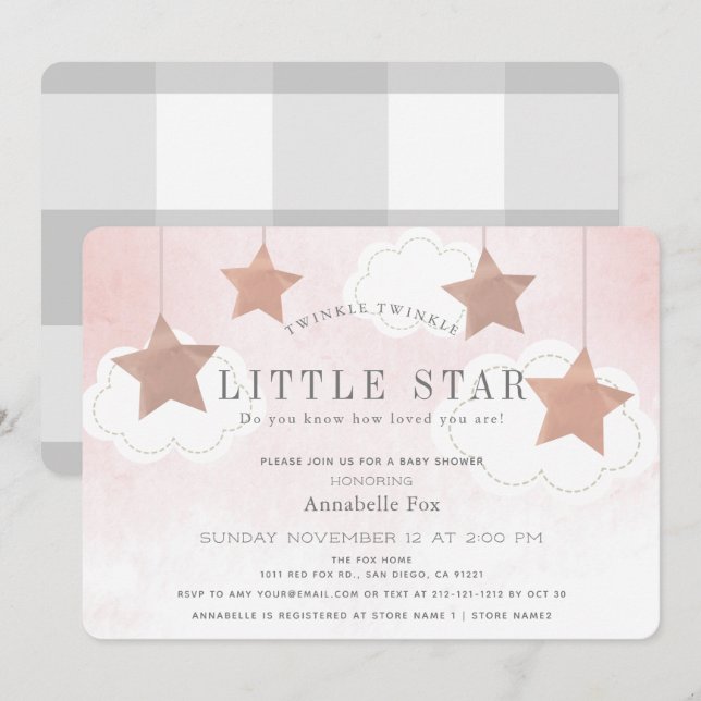 Invitation de Baby shower rose Little Star Twinkle (Devant / Derrière)