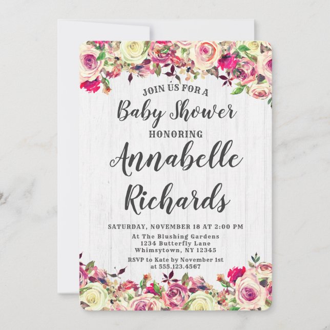 Invitation de Baby shower Rose rose et vert (Devant)