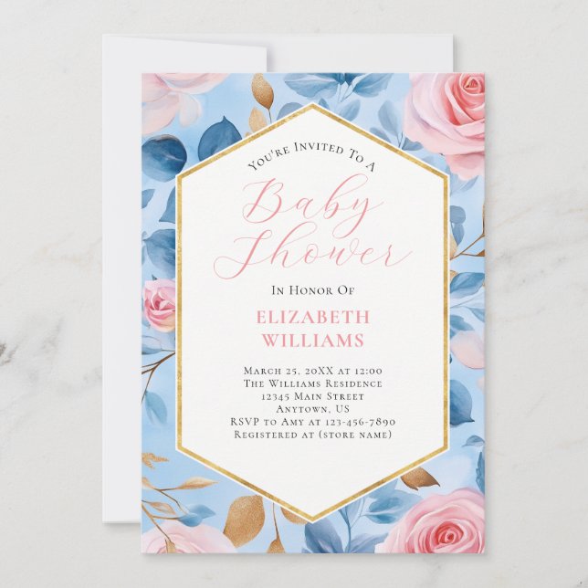 Invitation de Baby shower Roses en or rose (Devant)