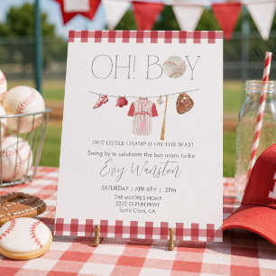 Invitation de baby shower rouge baseball Oh, garço