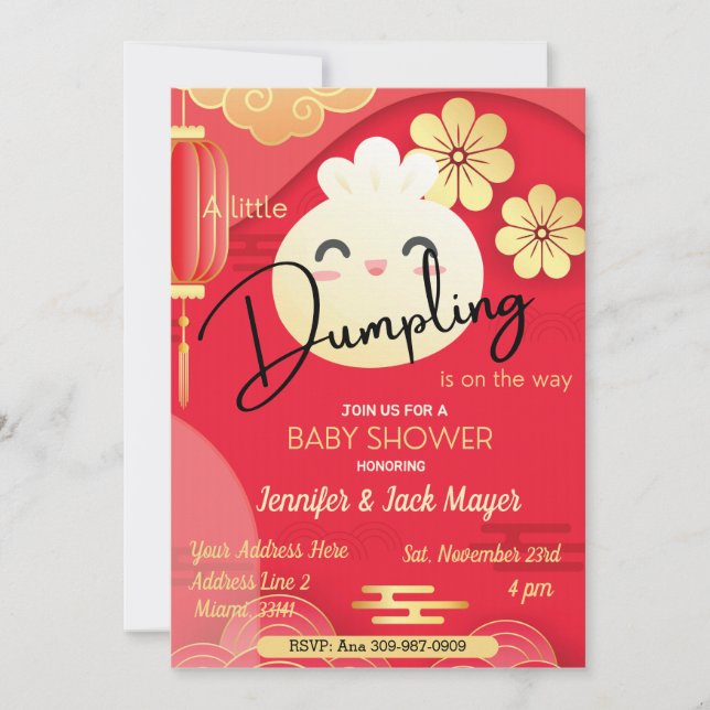 Invitation de Baby shower rouge et or Little Dumpl (Devant)