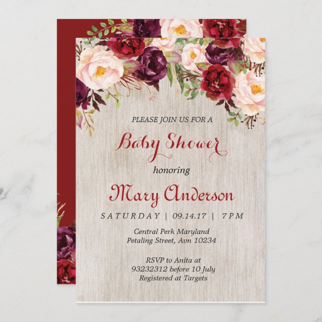 Invitation de Baby shower Rustic Red Marsala (Devant / Derrière)