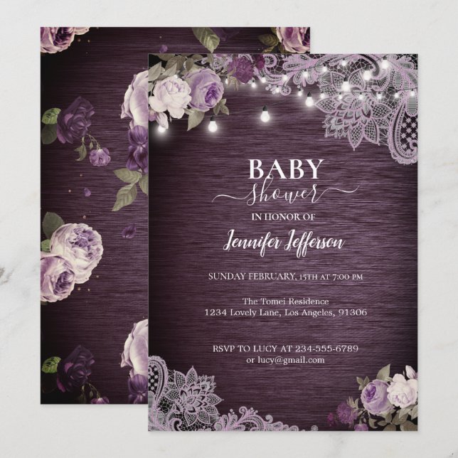 Invitation de Baby shower Rustique Floral Violet (Devant / Derrière)