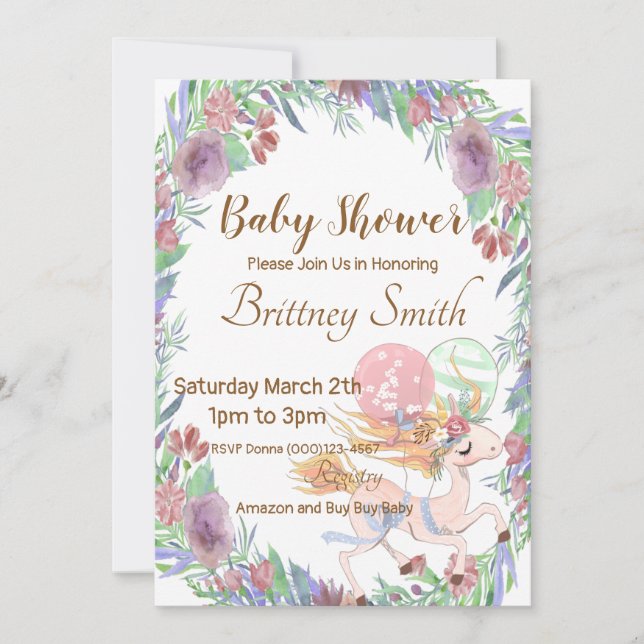 Invitation de Baby shower Unicorn, floral Unicorn, (Devant)