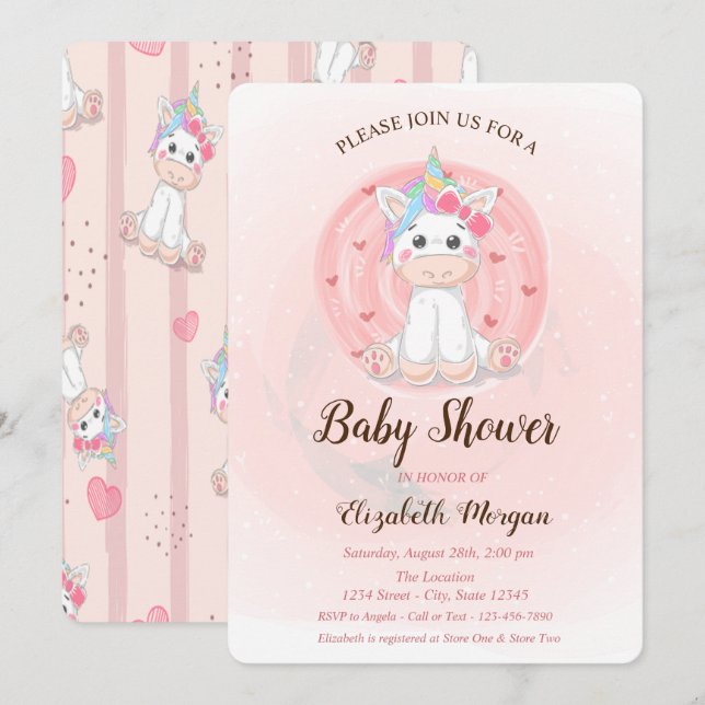 Invitation de Baby shower Unicorn mignonne (Devant / Derrière)