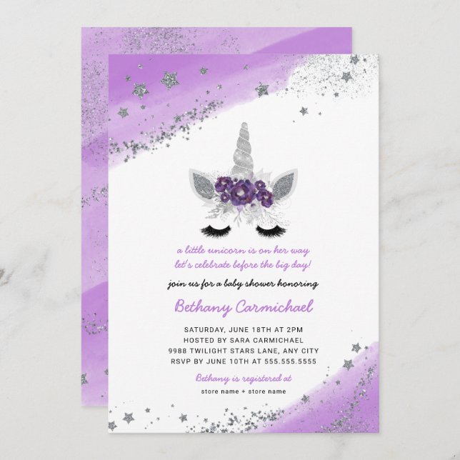 Invitation de Baby shower Unicorne d'argent violet (Devant / Derrière)