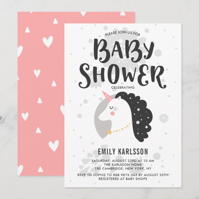 Invitation de Baby shower Unicorne mignonne et lun (Devant / Derrière)