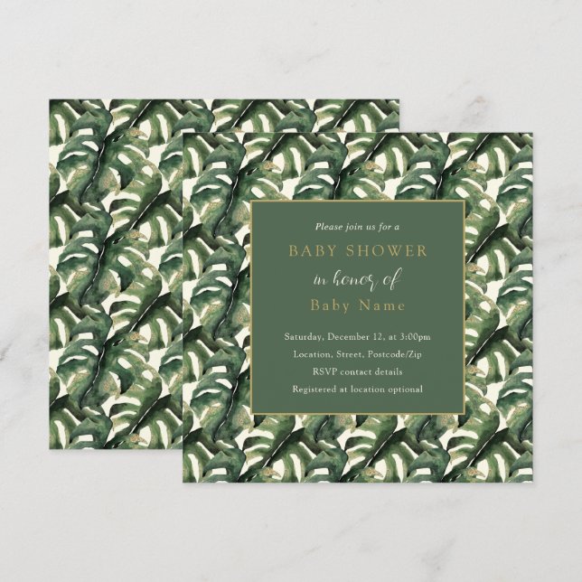 Invitation de baby shower unisex feuille Monstera (Devant / Derrière)