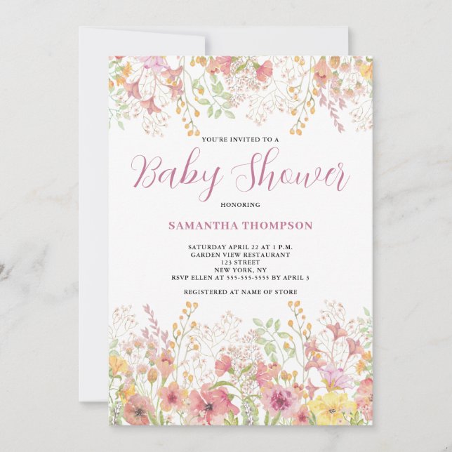 Invitation de Baby shower végétal rose (Devant)