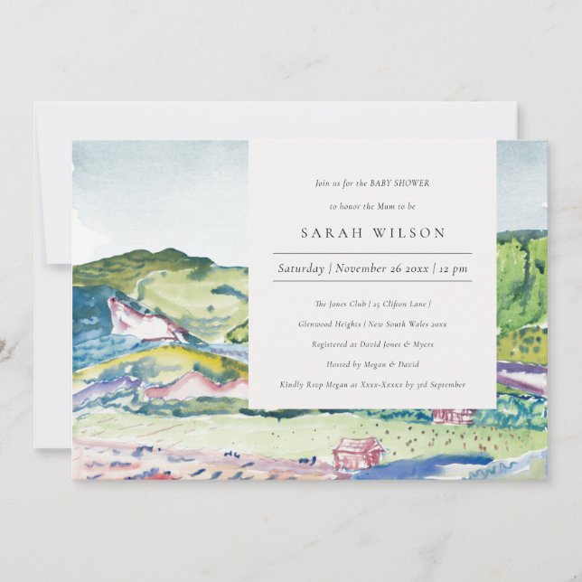 Invitation de Baby shower vif Mountain Scape Blush (Devant)