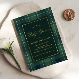 Invitation de baby shower vintage en tartan vert f