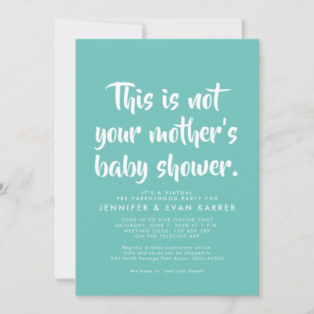 Invitation de baby shower virtuel en turquoise (Devant)