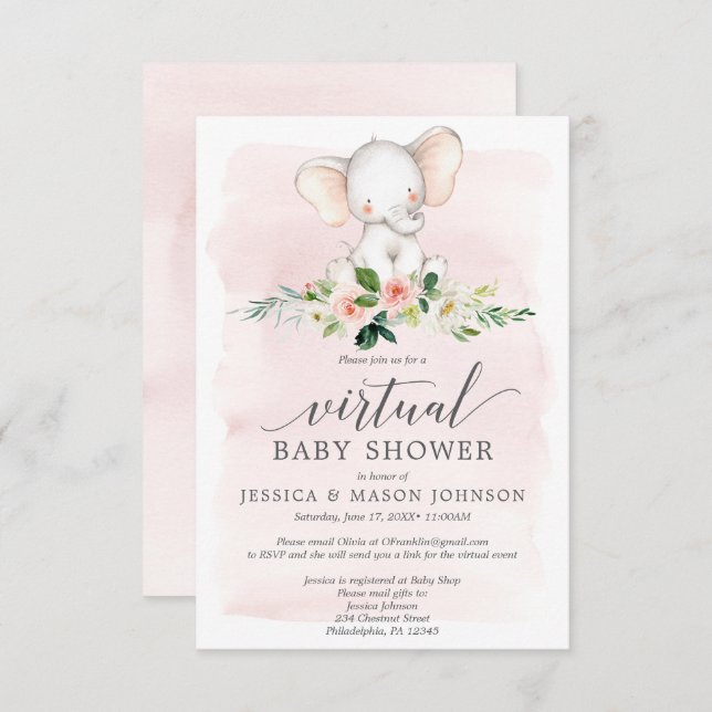 Invitation de Baby shower virtuel Pink Elephant (Devant / Derrière)