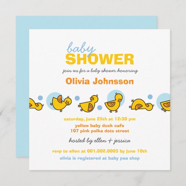 Invitation de Baby shower Whimsical Ducks Blue Dot (Devant / Derrière)