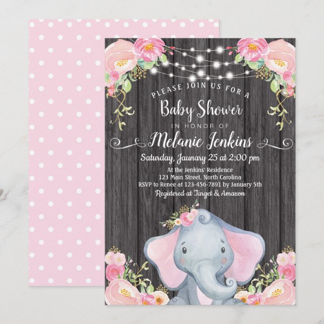 Invitation de Baby showers d'éléphants de filles (Devant / Derrière)