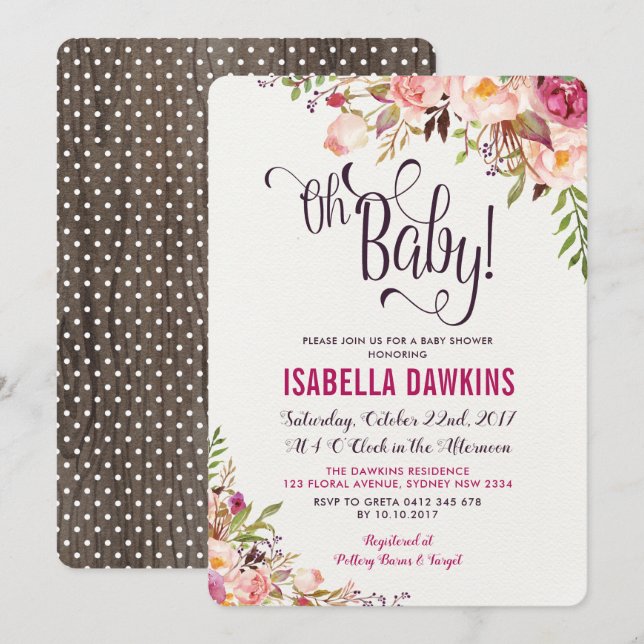 Invitation de Baby showers floraux de Boho Fleur r (Devant / Derrière)