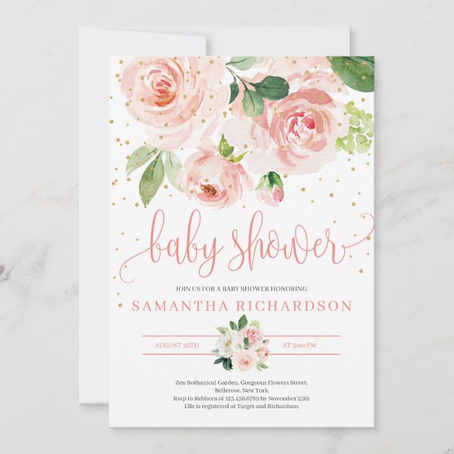 Invitation de baby showers floraux rose BLush (Devant)