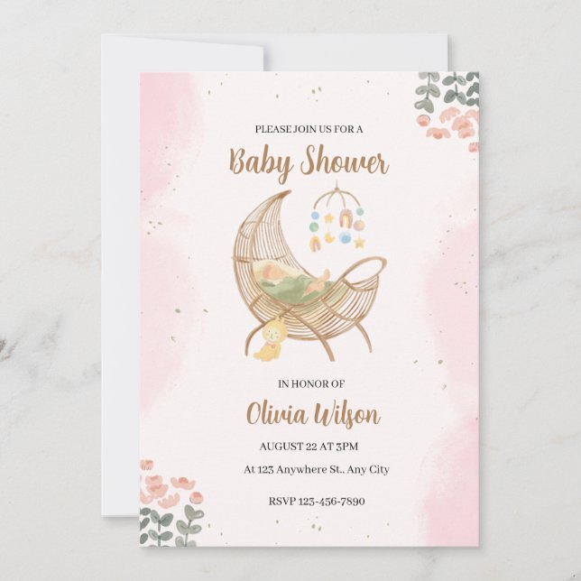 Invitation de Baby showers illustratifs rose et Br (Devant)