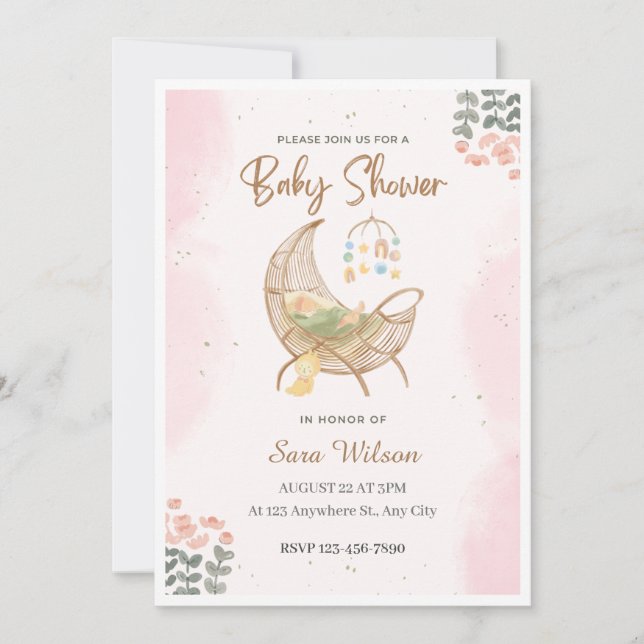 Invitation de Baby showers illustratifs rose et Br (Devant)