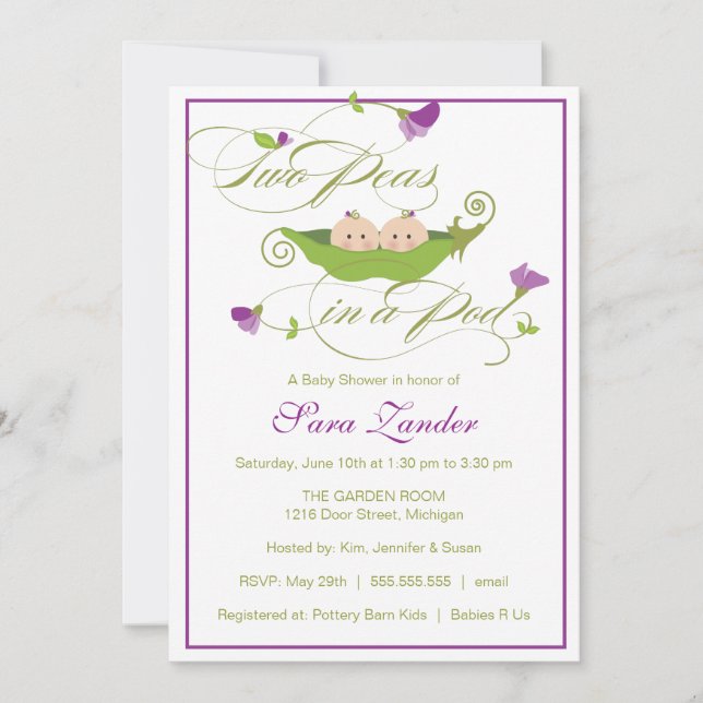 Invitation de Baby showers - Jumeaux de pois pour  (Devant)