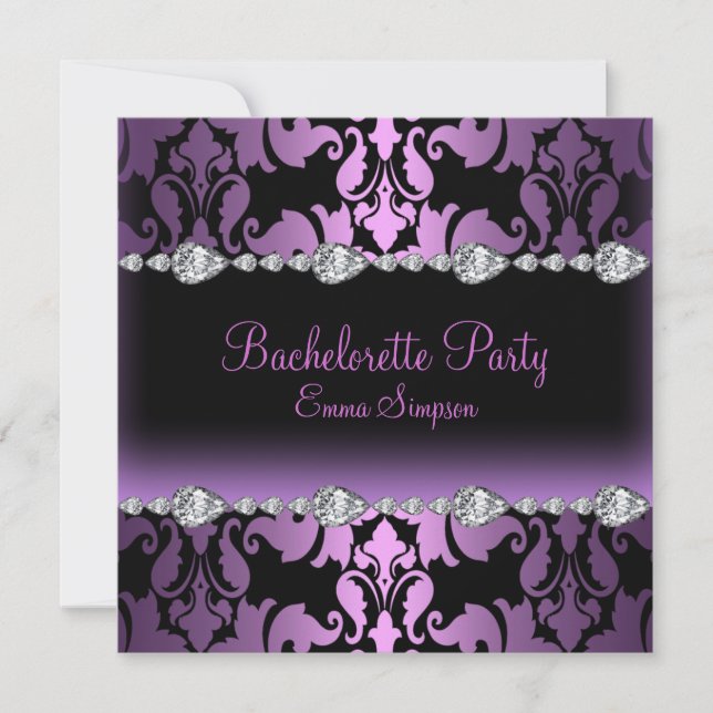 Invitation de bachelorette pourpre Damask & Diamon (Devant)