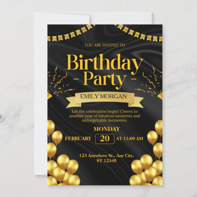 Invitation de ballon moderne Black et Gold (Devant)
