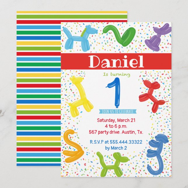 Invitation de ballons animaux de premier anniversa (Devant / Derrière)